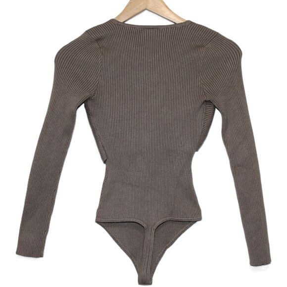 Womens Abercrombie & Fitch Soft A&F Taupe Ribbed Long Sleeve Bodysuit Size Small - Picture 2 of 6
